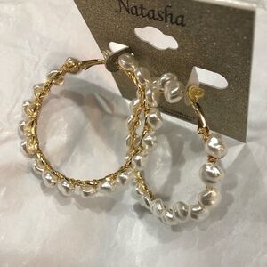 Natasha couture gold and white‎ freshwater pearl look hoop circle earrings new